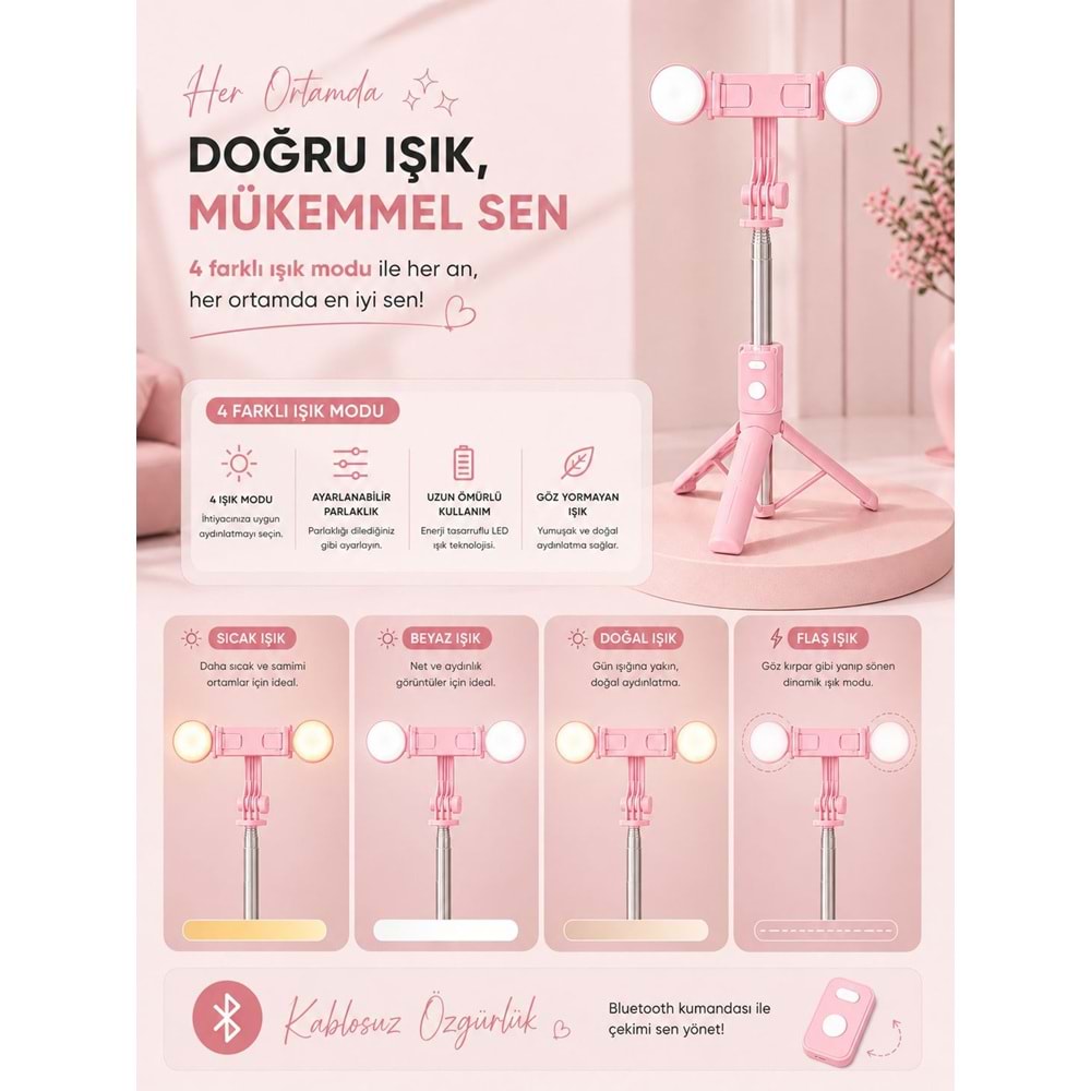 B11S Bluetooth Kumandalı Selfie Çubuğu ve Tripod Pembe