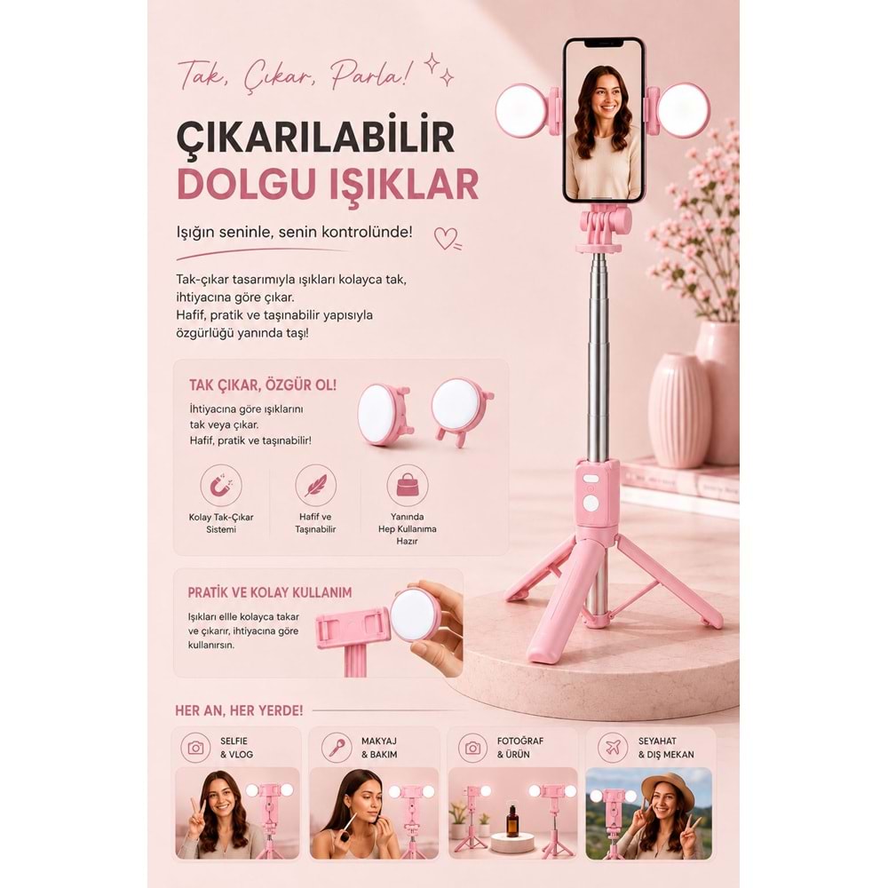 B11S Bluetooth Kumandalı Selfie Çubuğu ve Tripod Pembe