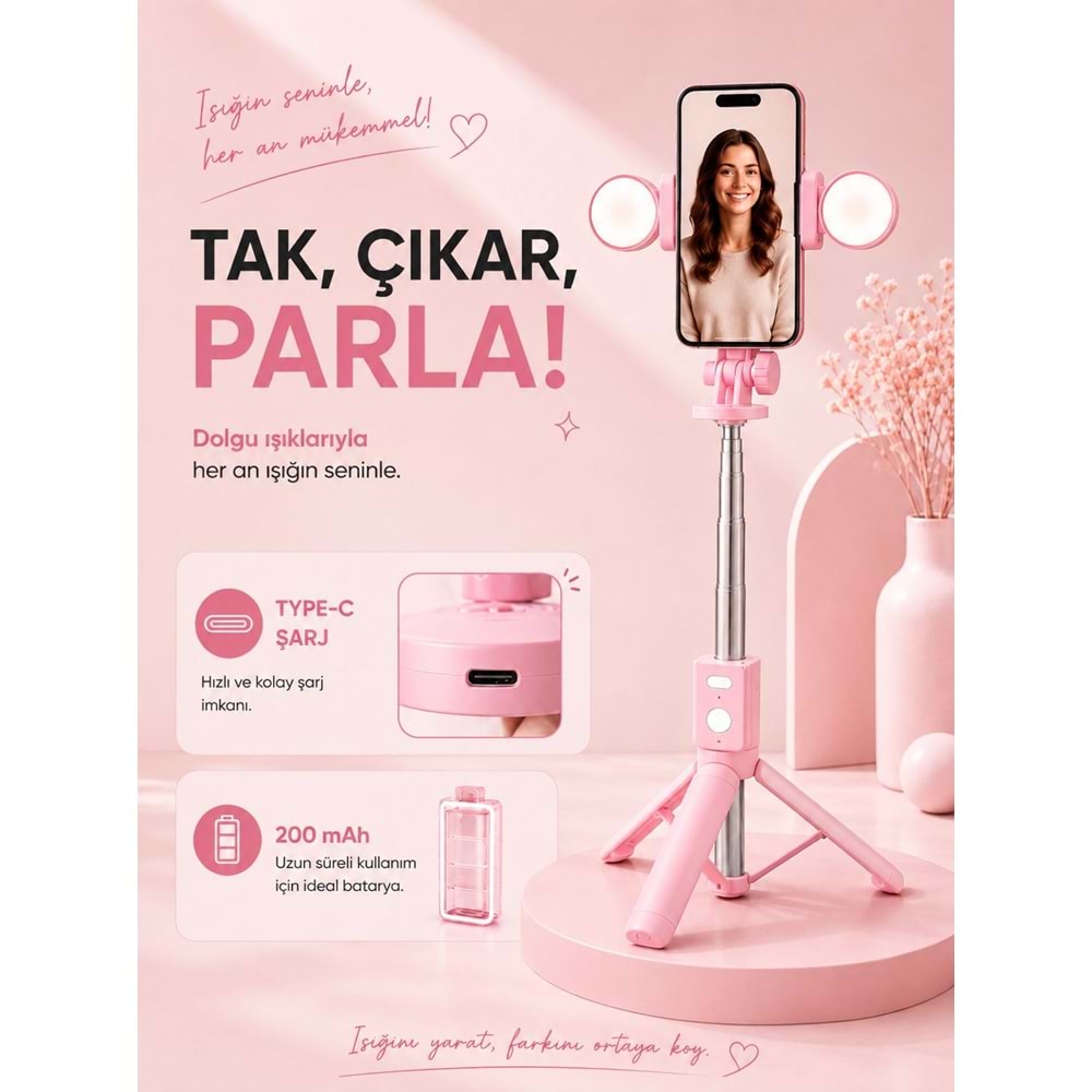 B11S Bluetooth Kumandalı Selfie Çubuğu ve Tripod Pembe