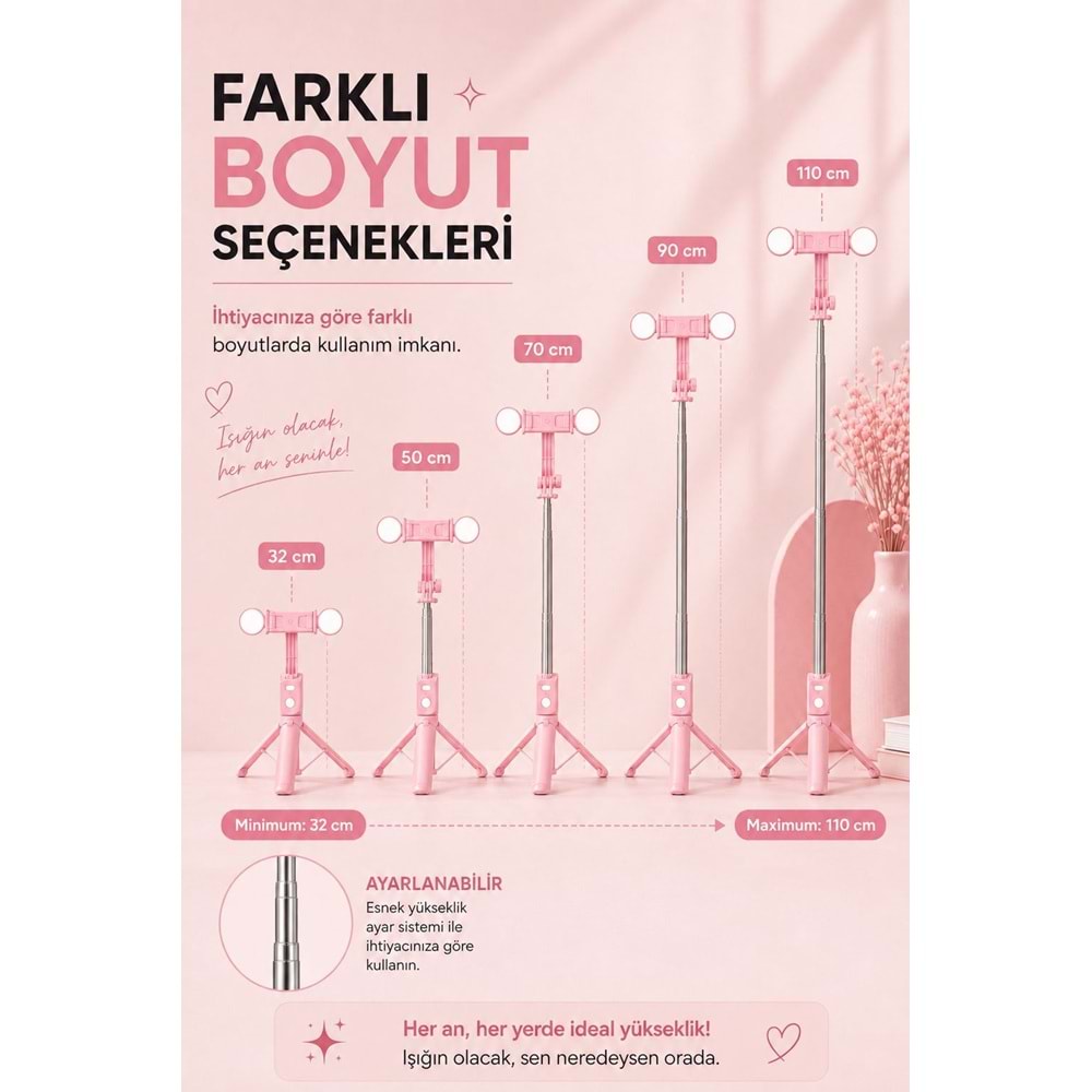 B11S Bluetooth Kumandalı Selfie Çubuğu ve Tripod Pembe