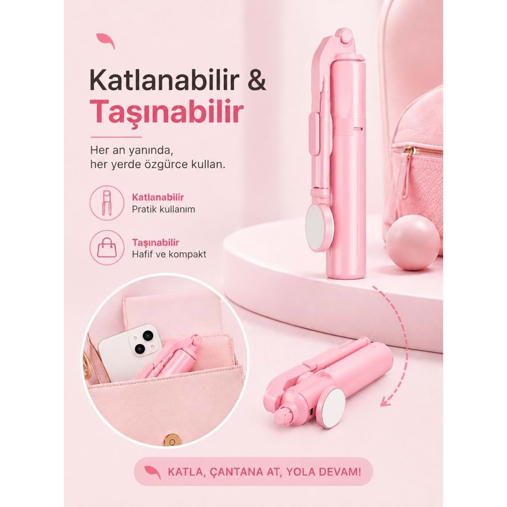 B11S Bluetooth Kumandalı Selfie Çubuğu ve Tripod Pembe