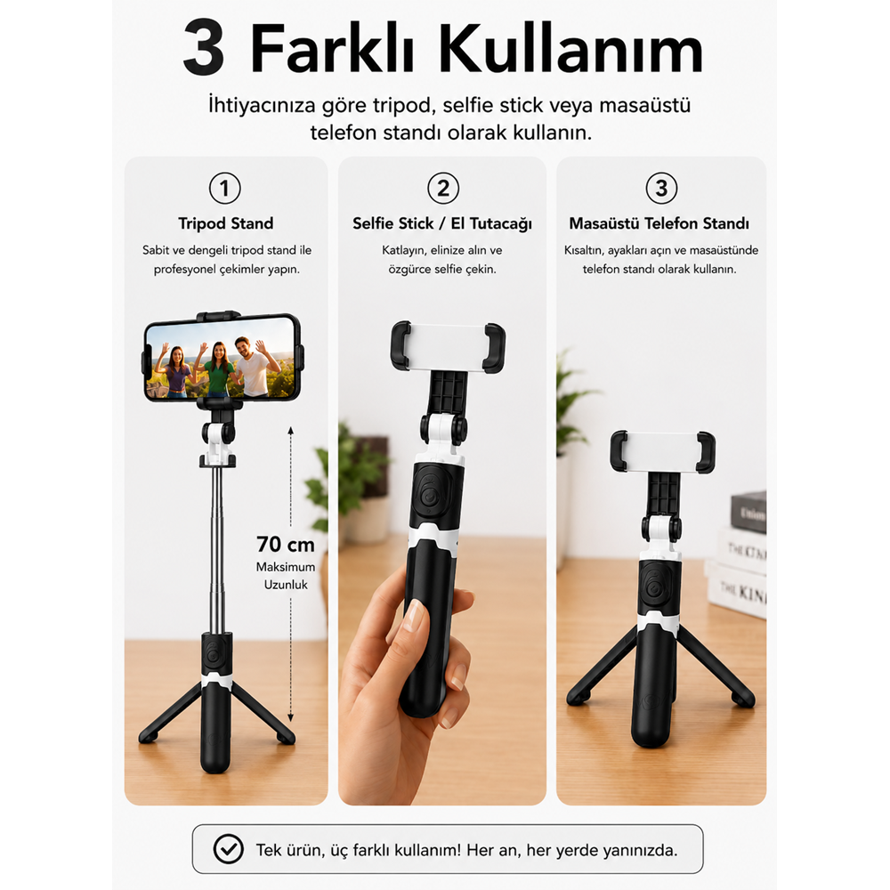 XT-09 Bluetooth Kumandalı Selfie Çubuğu ve Tripod Siyah