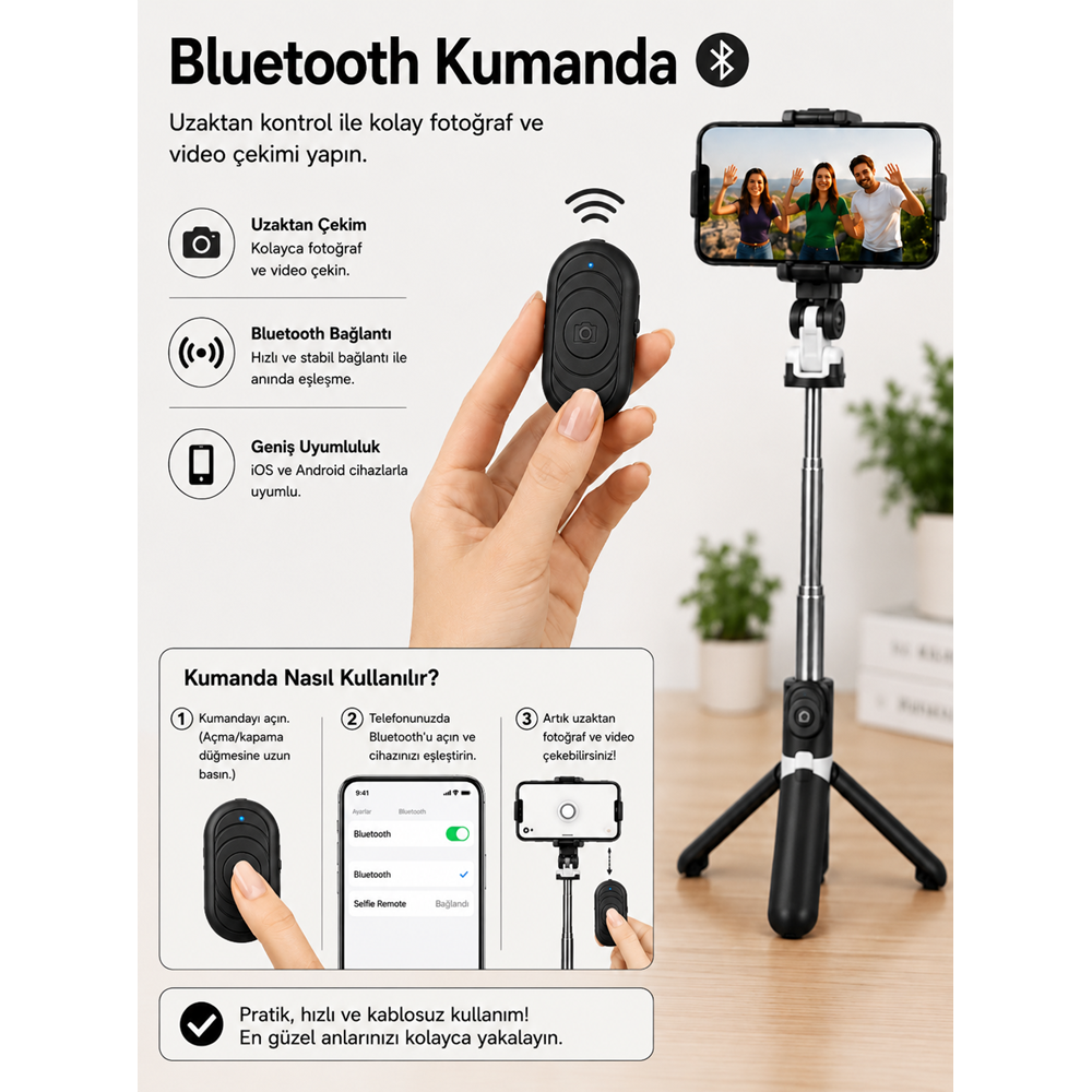 XT-09 Bluetooth Kumandalı Selfie Çubuğu ve Tripod Siyah