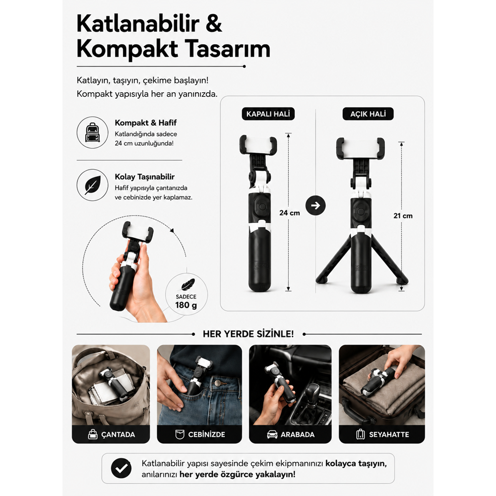 XT-09 Bluetooth Kumandalı Selfie Çubuğu ve Tripod Siyah