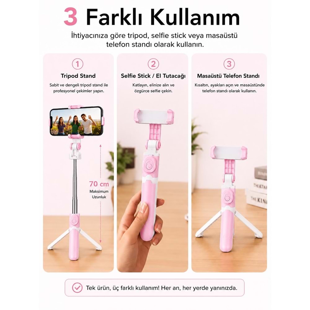 XT-09 Bluetooth Kumandalı Selfie Çubuğu ve Tripod Pembe