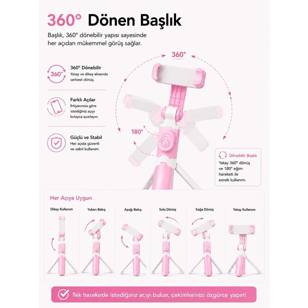 XT-09 Bluetooth Kumandalı Selfie Çubuğu ve Tripod Pembe