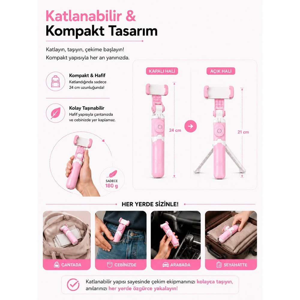 XT-09 Bluetooth Kumandalı Selfie Çubuğu ve Tripod Pembe