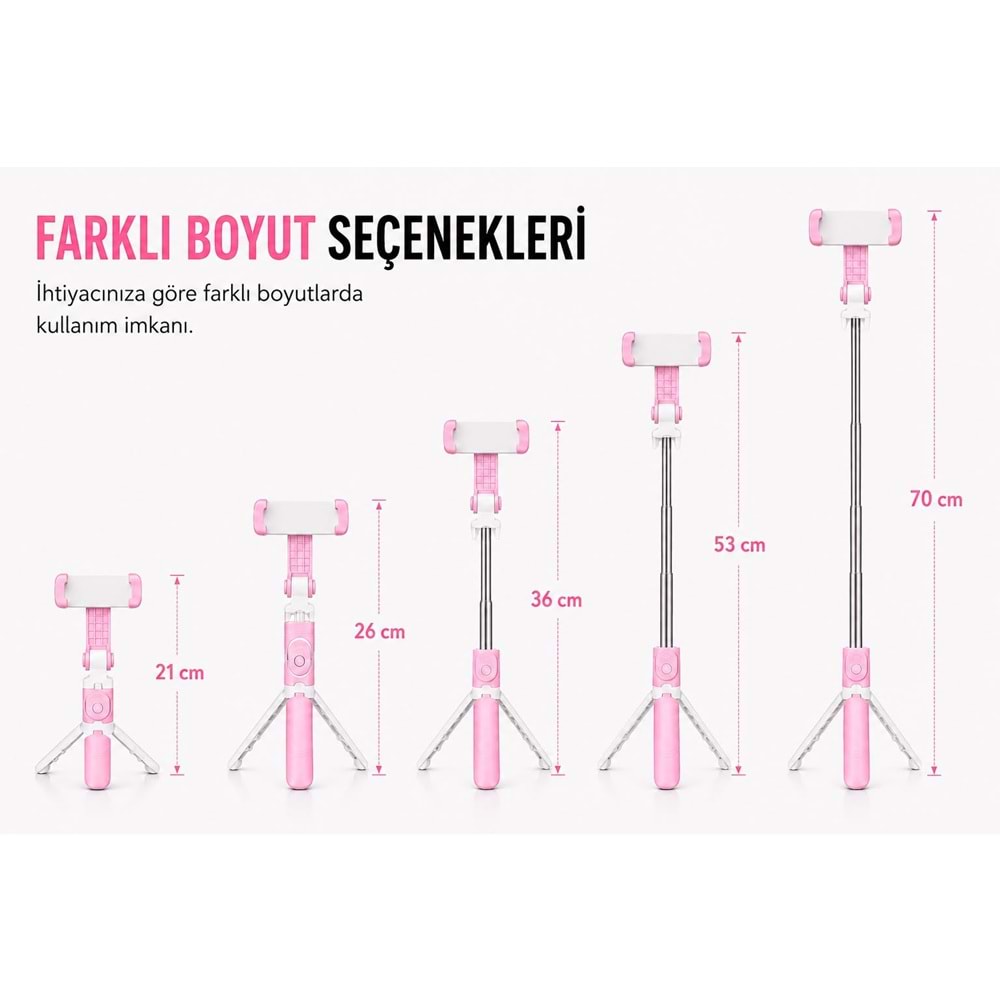 XT-09 Bluetooth Kumandalı Selfie Çubuğu ve Tripod Pembe