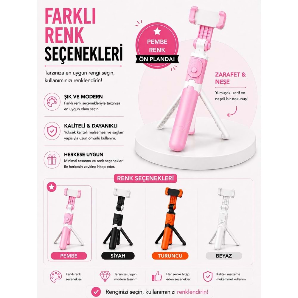 XT-09 Bluetooth Kumandalı Selfie Çubuğu ve Tripod Pembe