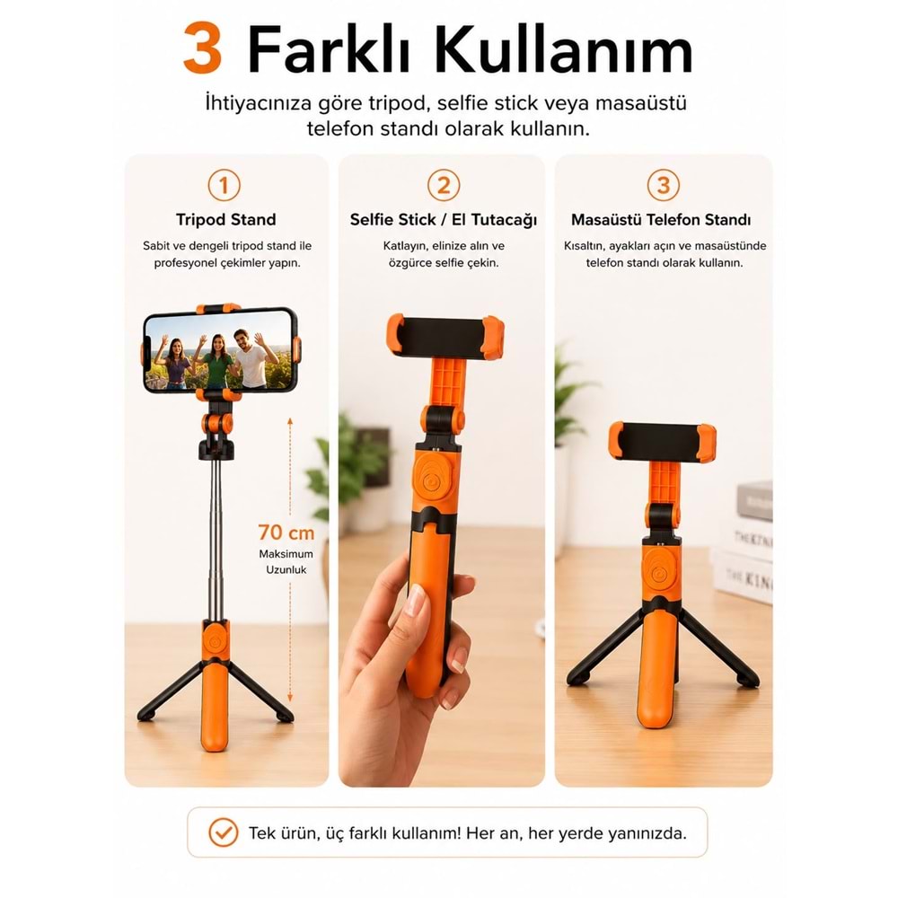 XT-09 Bluetooth Kumandalı Selfie Çubuğu ve Tripod Turuncu