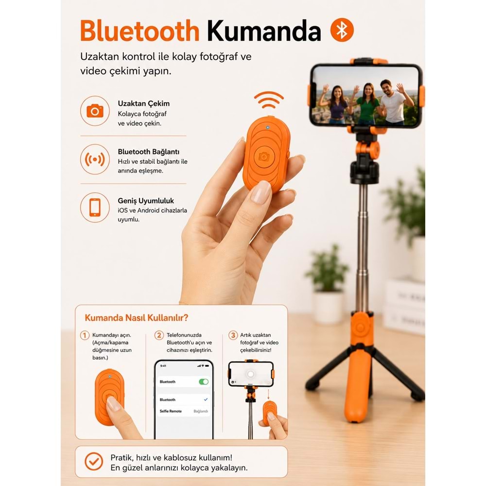 XT-09 Bluetooth Kumandalı Selfie Çubuğu ve Tripod Turuncu