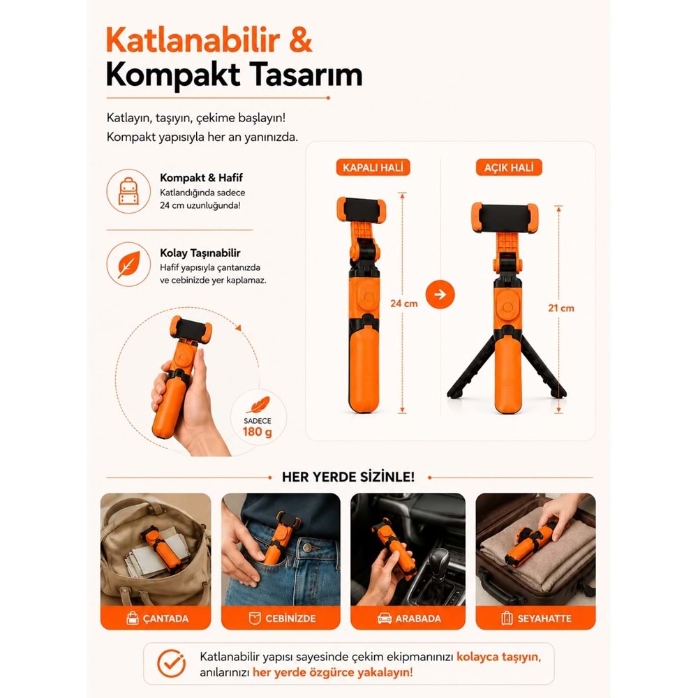 XT-09 Bluetooth Kumandalı Selfie Çubuğu ve Tripod Turuncu