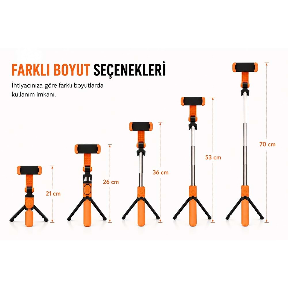 XT-09 Bluetooth Kumandalı Selfie Çubuğu ve Tripod Turuncu