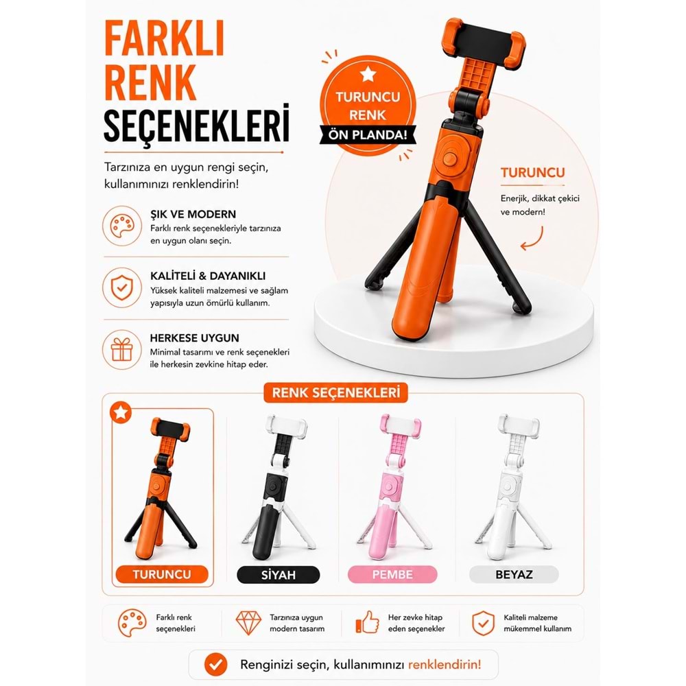 XT-09 Bluetooth Kumandalı Selfie Çubuğu ve Tripod Turuncu