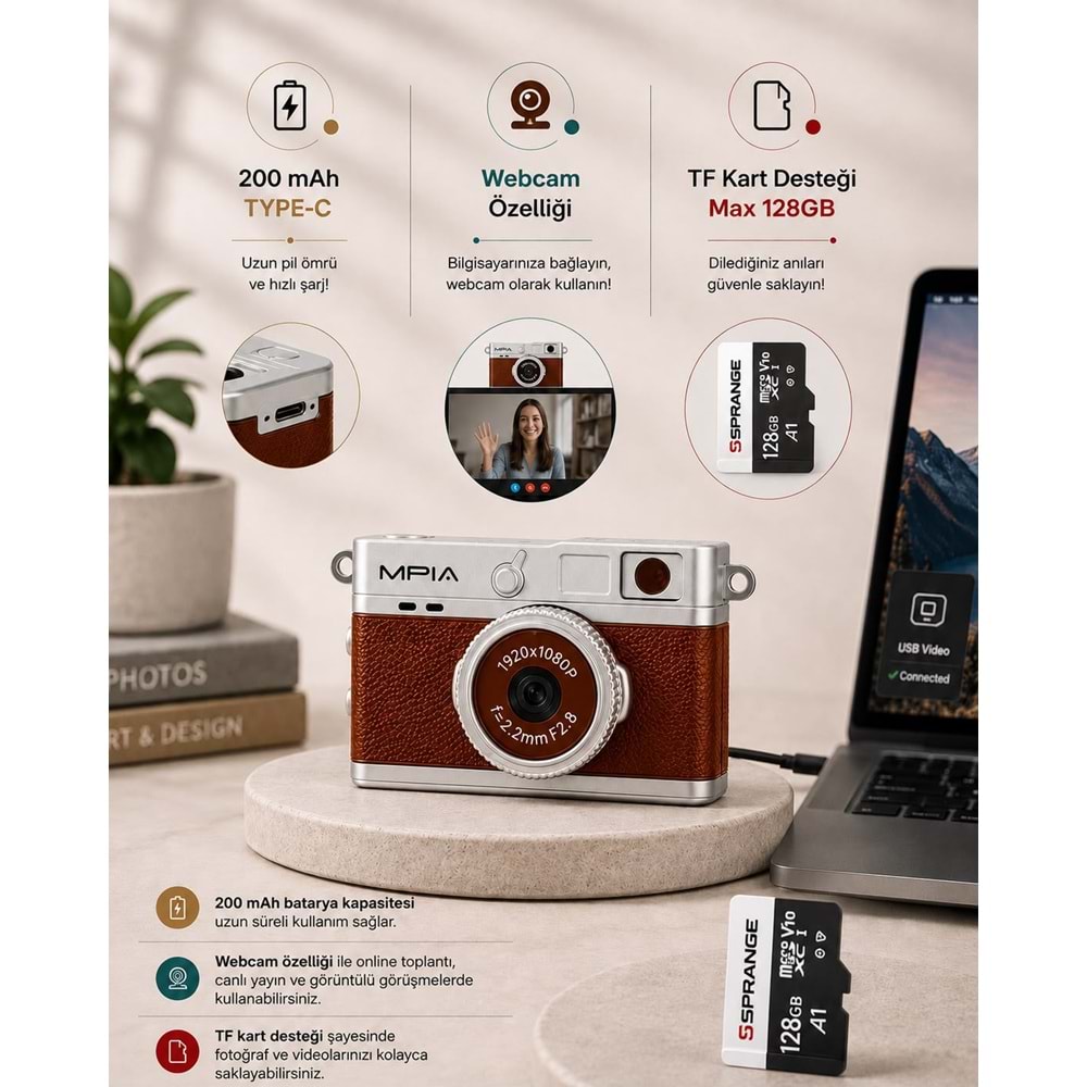 MPIA MC-10 Mini Retro Dijital TF Kartlı Kamera Kahverengi