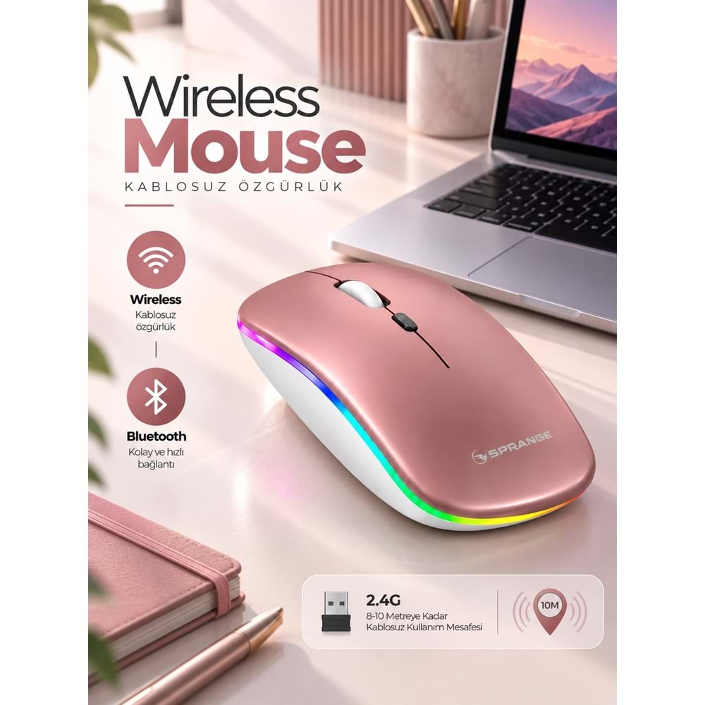 SPRANGE SR-M1 Kablosuz & Bluetooth Şarjlı Mouse Rose