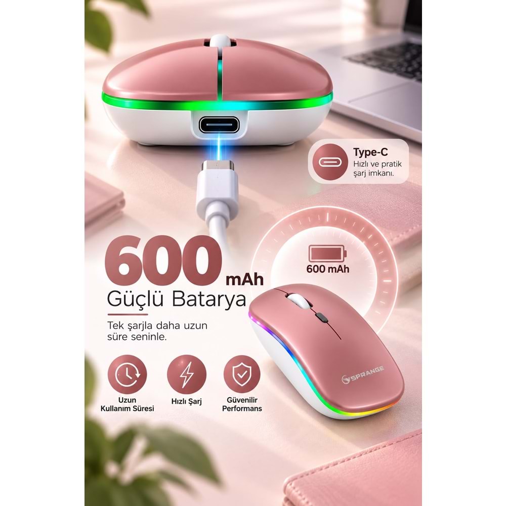 SPRANGE SR-M1 Kablosuz & Bluetooth Şarjlı Mouse Rose