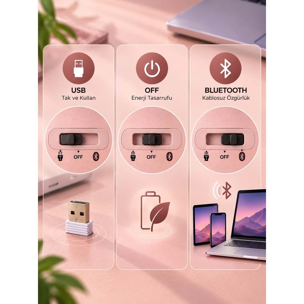 SPRANGE SR-M1 Kablosuz & Bluetooth Şarjlı Mouse Rose
