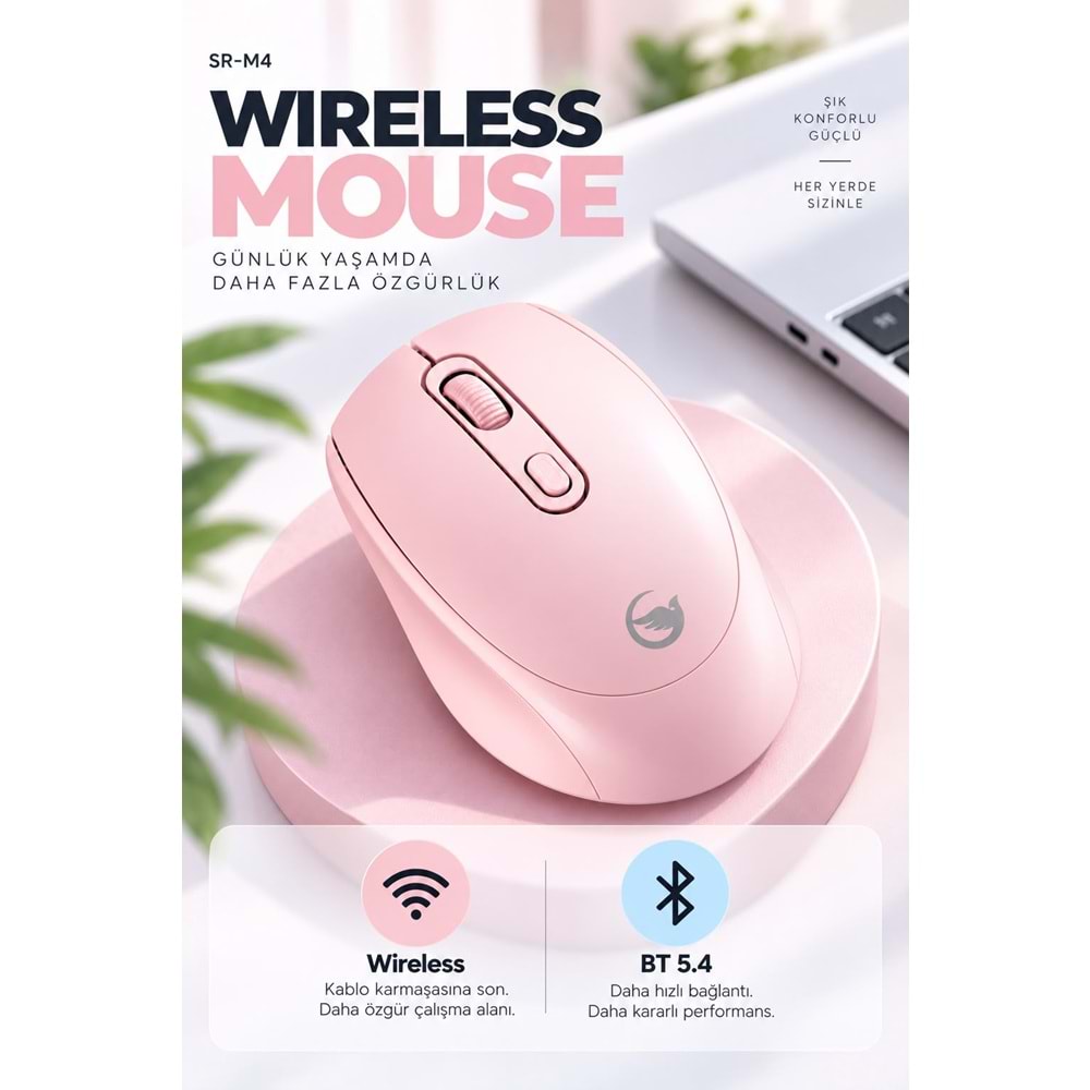 SPRANGE SR-M4 Kablosuz & Bluetooth 5.4 Şarjlı Mouse Pembe