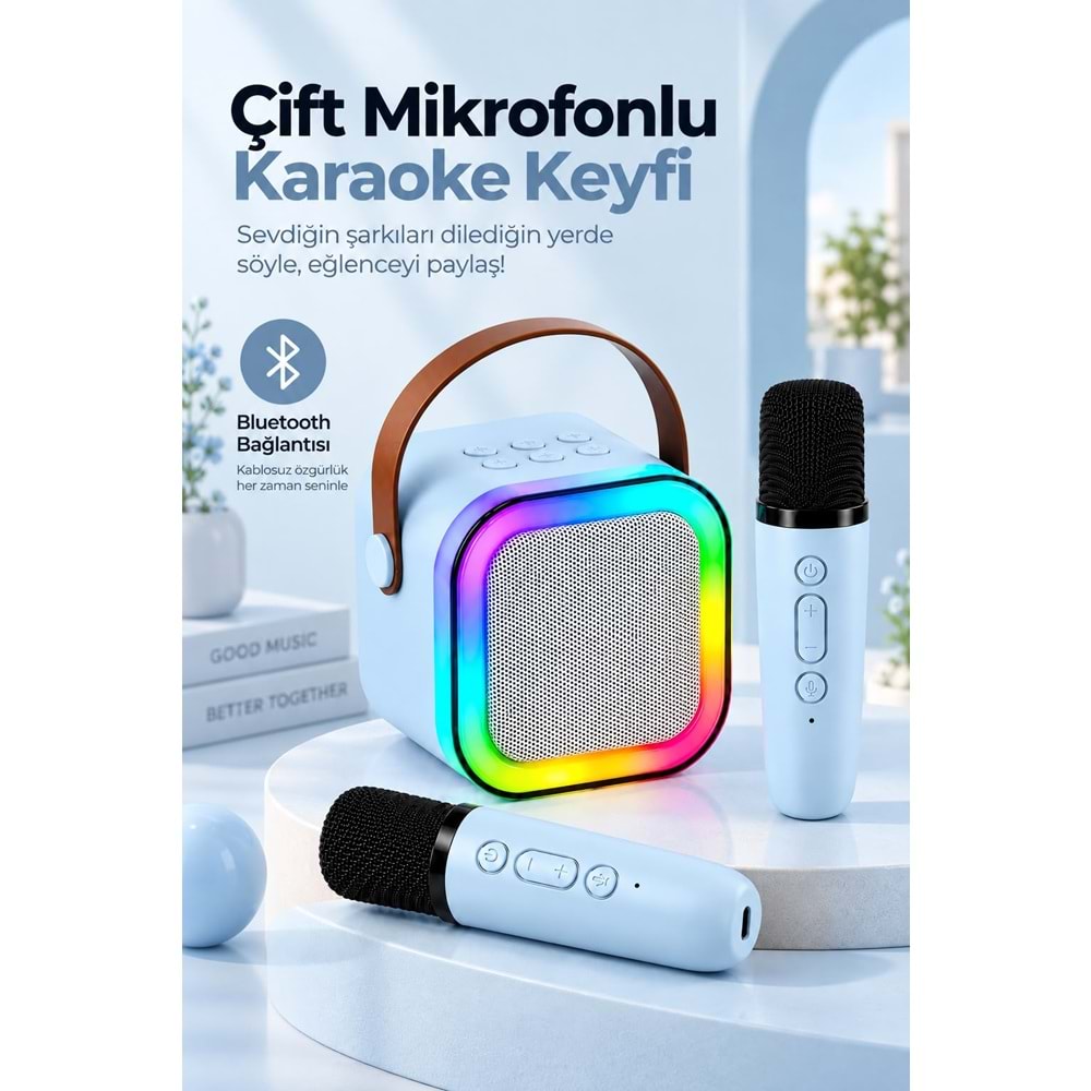 K12 Bt/Usb/Aux Çift Mikrofonlu Karaoke Hoparlör Mavi