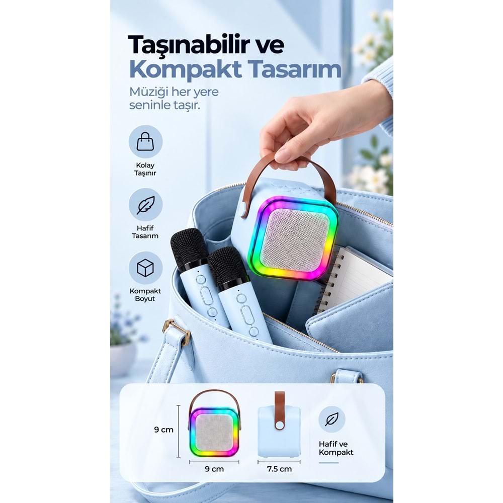 K12 Bt/Usb/Aux Çift Mikrofonlu Karaoke Hoparlör Mavi