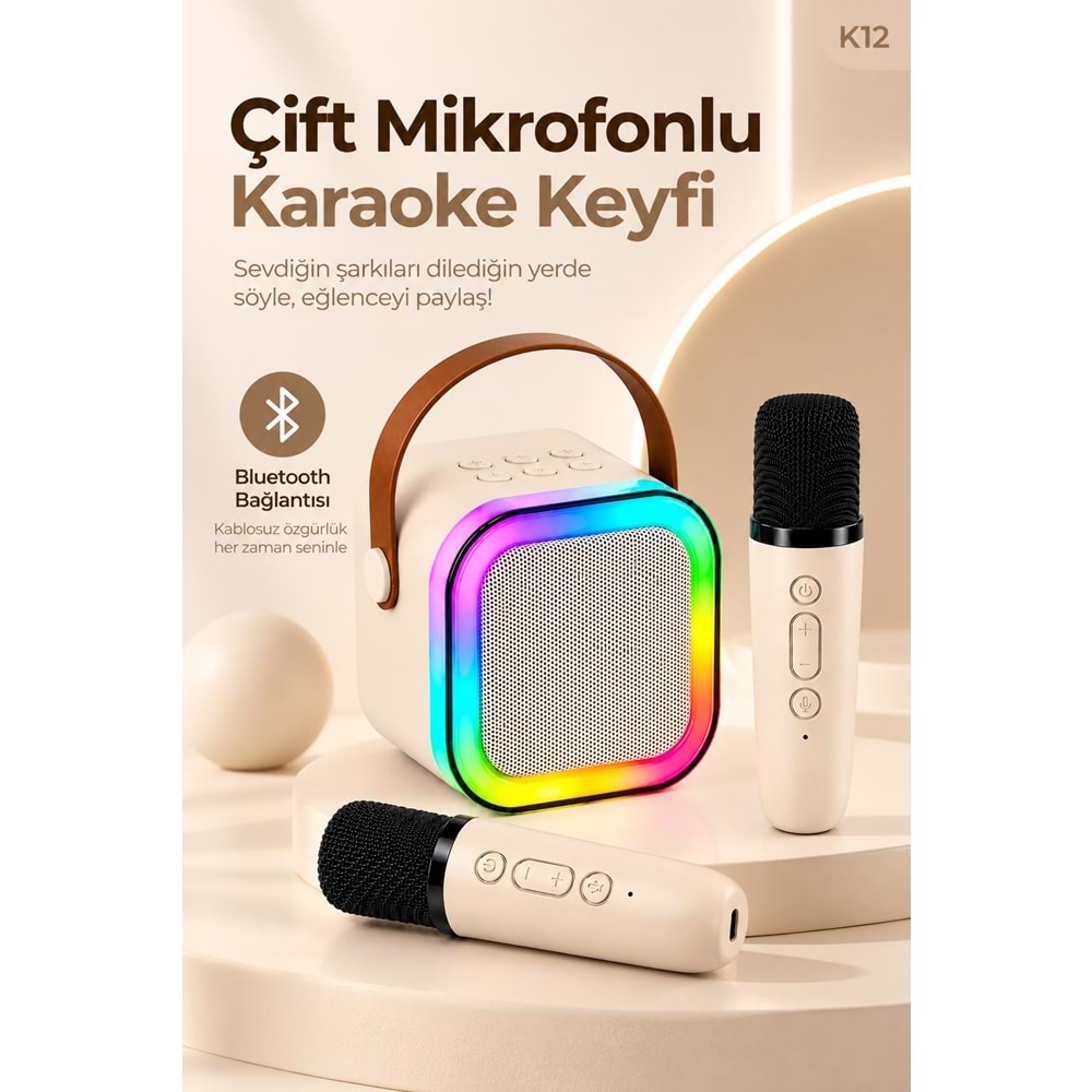 K12 Bt/Usb/Aux Çift Mikrofonlu Karaoke Hoparlör Bej