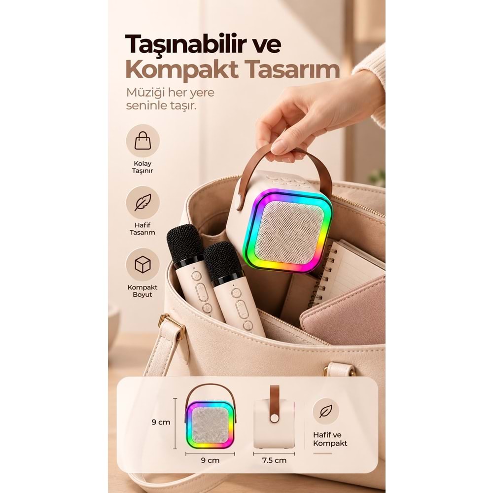 K12 Bt/Usb/Aux Çift Mikrofonlu Karaoke Hoparlör Bej