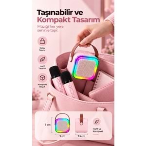 K12 Bt/Usb/Aux Çift Mikrofonlu Karaoke Hoparlör Pembe