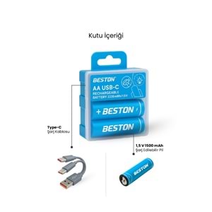 BESTON P2-02C-2 AA Şarj Edilebilir 2'Li 1.5V USB-C Kalın Pil