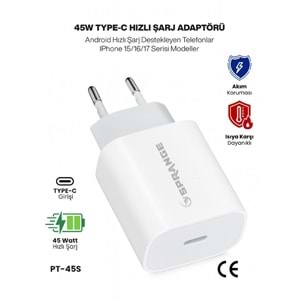 SPRANGE PT-45S 45W Type-C Iphone 15/16/17 Uyumlu Hızlı Şarj Adaptörü