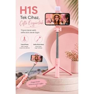 H1S Bluetooth Kumandalı Selfie Çubuğu ve Tripod Pembe