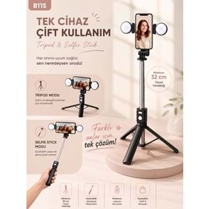 B11S Bluetooth Kumandalı Selfie Çubuğu ve Tripod Siyah
