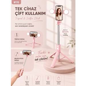 B11S Bluetooth Kumandalı Selfie Çubuğu ve Tripod Pembe