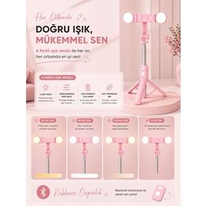 B11S Bluetooth Kumandalı Selfie Çubuğu ve Tripod Pembe