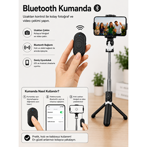 XT-09 Bluetooth Kumandalı Selfie Çubuğu ve Tripod Siyah