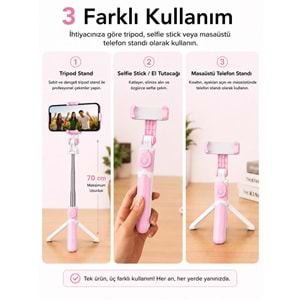XT-09 Bluetooth Kumandalı Selfie Çubuğu ve Tripod Pembe