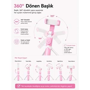 XT-09 Bluetooth Kumandalı Selfie Çubuğu ve Tripod Pembe