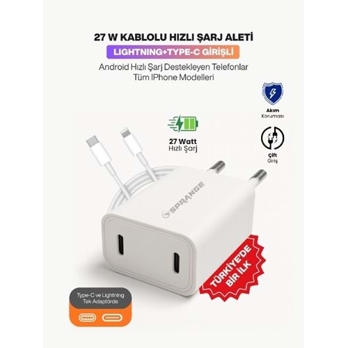 SPRANGE PLT-27 27W USB-L / USB-C PD Şarj Başlık Lightning – USB-C Data & Şarj Kablo