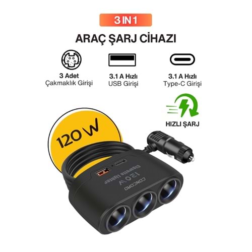 CONCORD C-778 120W 3.1A USB-C 3IN1 Araç Şarjı