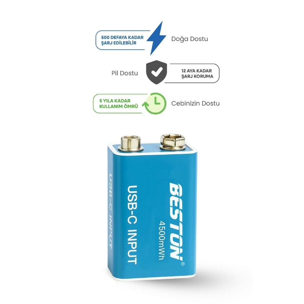 BESTON 9V Şarj Edilebilir USB-C Pil