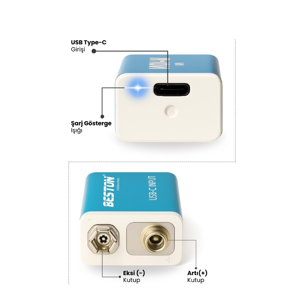 BESTON 9V Şarj Edilebilir USB-C Pil