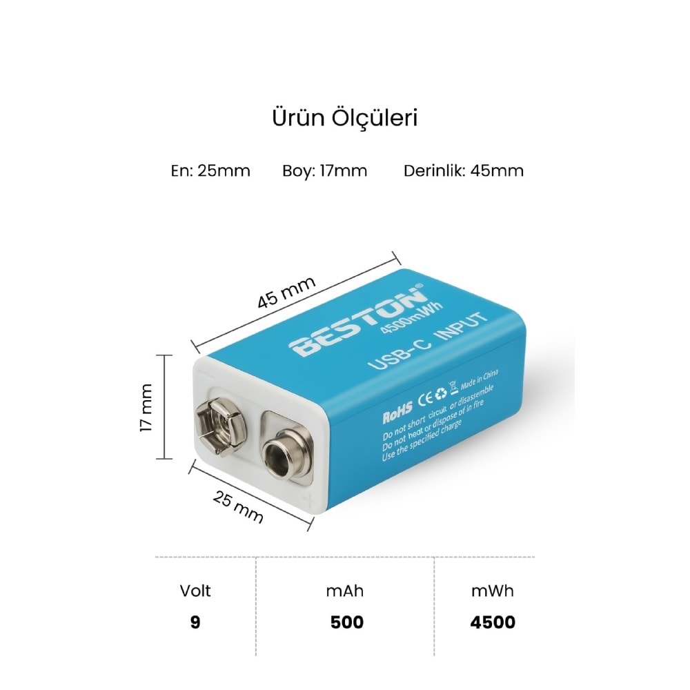 BESTON 9V Şarj Edilebilir USB-C Pil