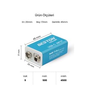 BESTON 9V Şarj Edilebilir USB-C Pil