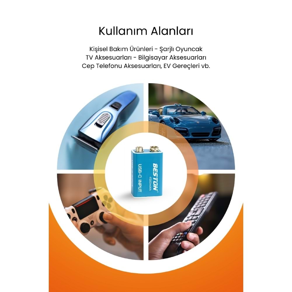 BESTON 9V Şarj Edilebilir USB-C Pil
