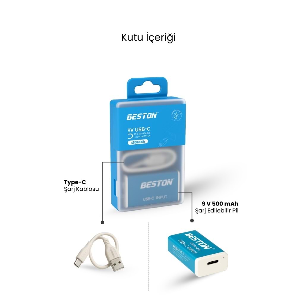 BESTON 9V Şarj Edilebilir USB-C Pil