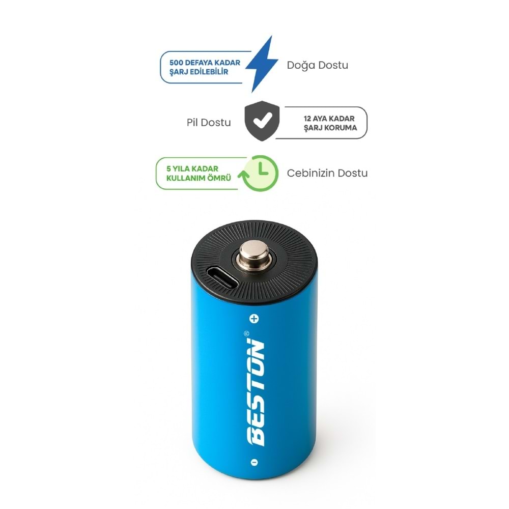 BESTON P2-LID-D Tip Şarj Edilebilir USB-C Şarjlı Pil