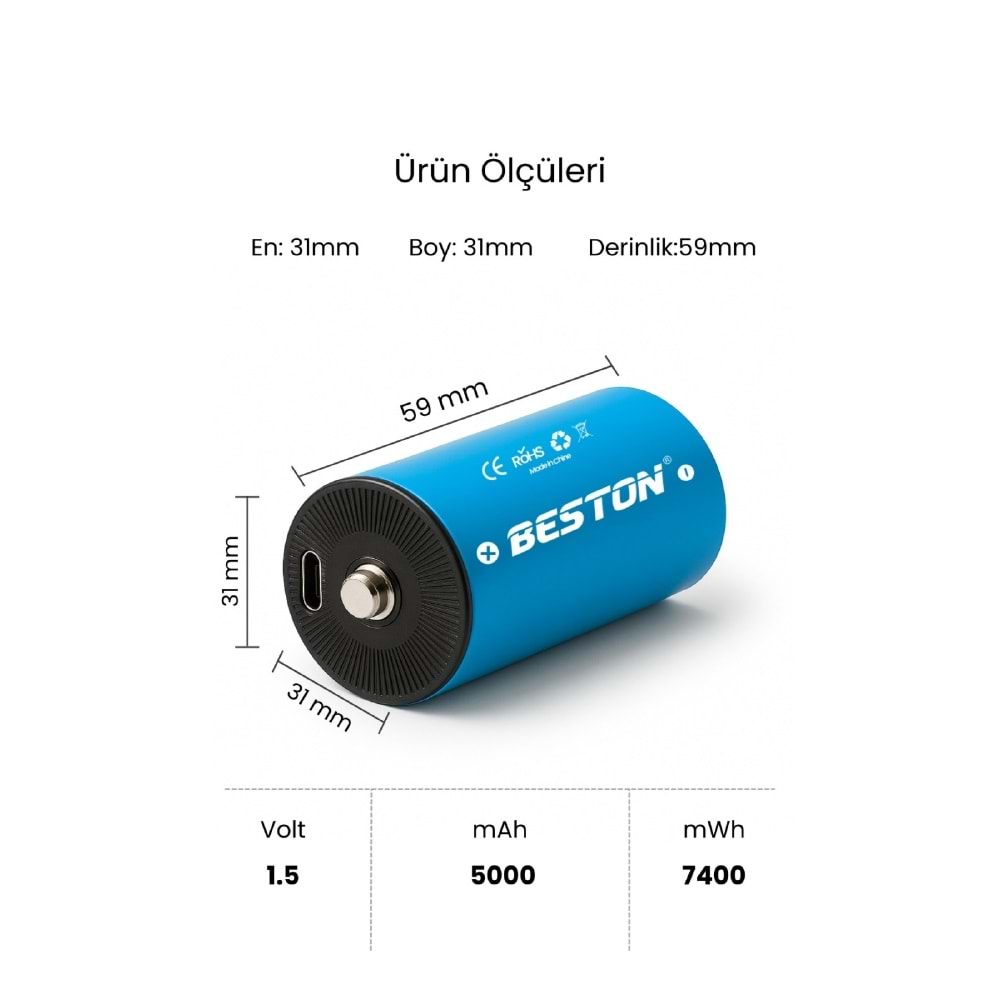 BESTON P2-LID-D Tip Şarj Edilebilir USB-C Şarjlı Pil