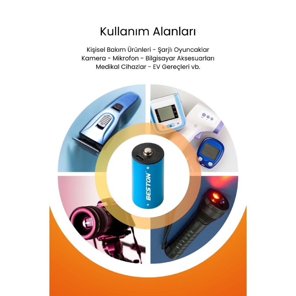 BESTON P2-LID-D Tip Şarj Edilebilir USB-C Şarjlı Pil