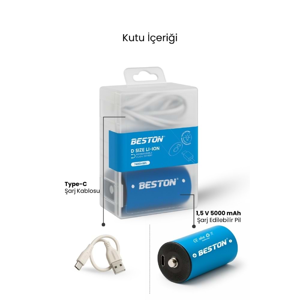 BESTON P2-LID-D Tip Şarj Edilebilir USB-C Şarjlı Pil