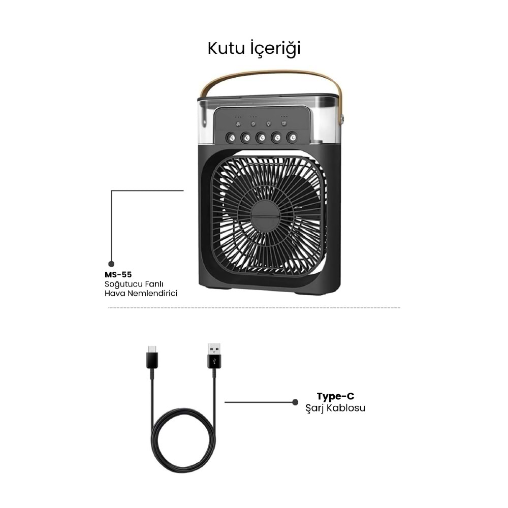 CONCORD MS-55 Hava Nemlendirici RGB Işıklı Soğutucu Fan Siyah